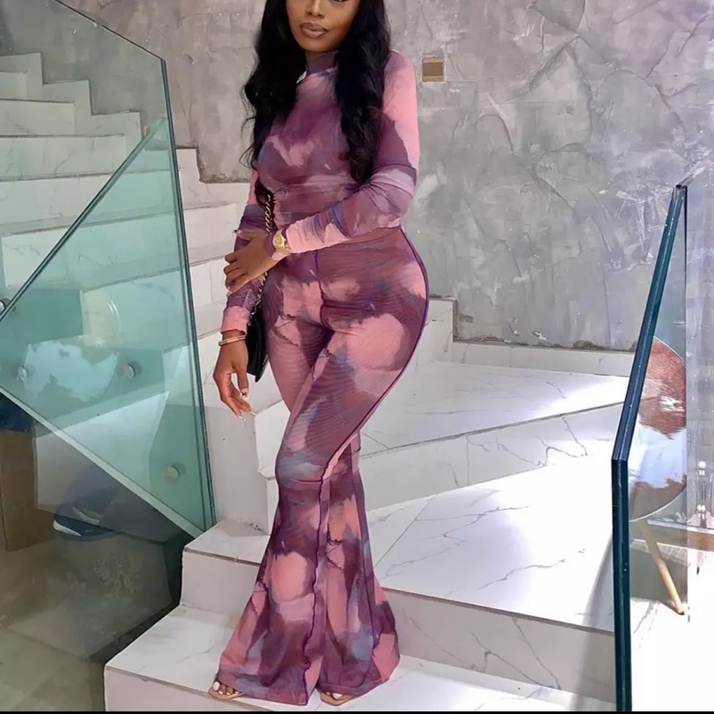 Sheer pink and purple‎ Tie dye mesh bellbottom pants set sexy hippie boho Y2k